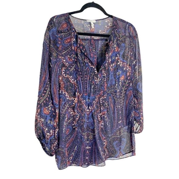 Joie Vendrea 100% Silk Blue Paisley Pleated Tie V Neck Peasant Blouse Boho Small - Picture 2 of 12